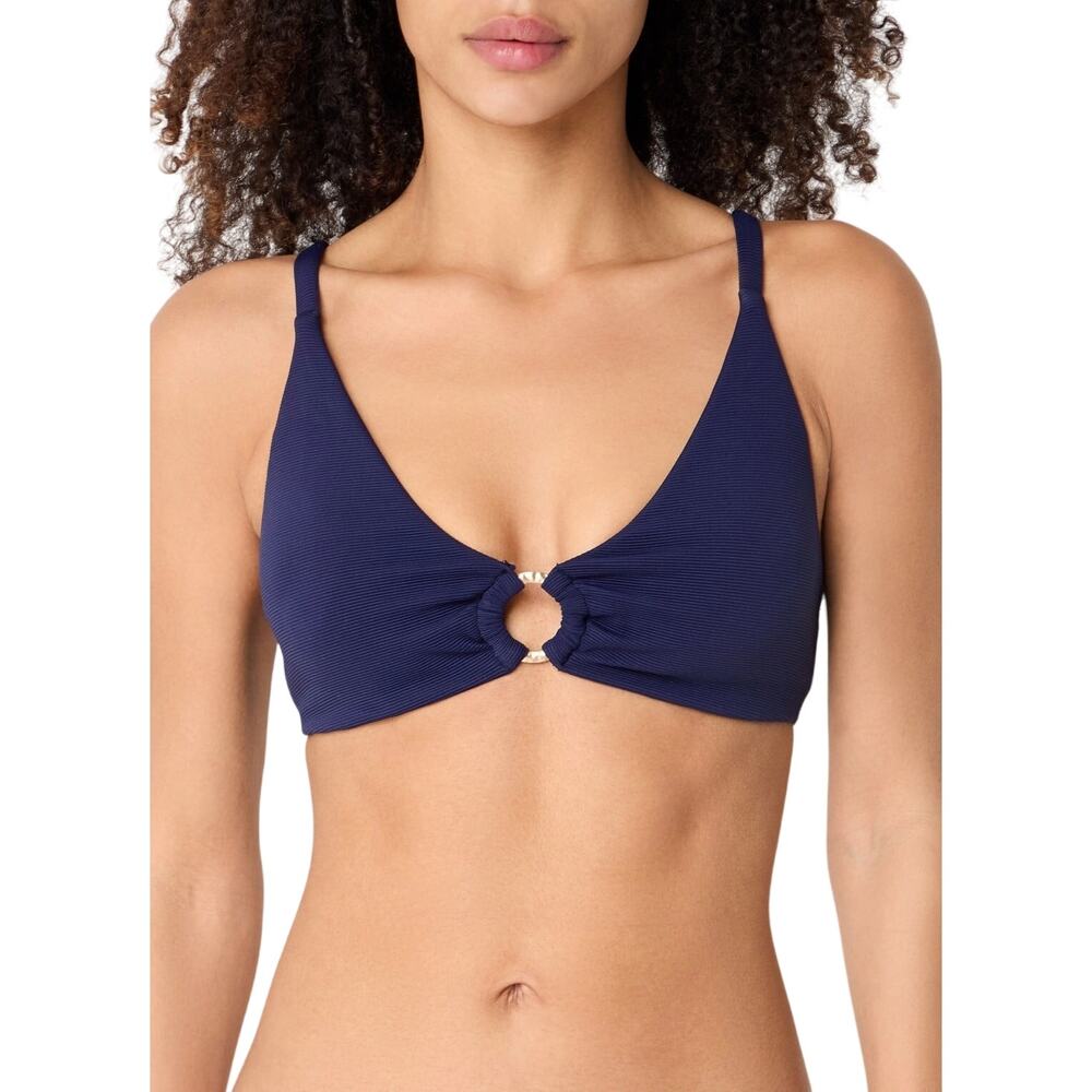 JETS Women Ink Blue Ribbed Isla Beachwear Ring Swim Plunge Bikini Top Size US 10